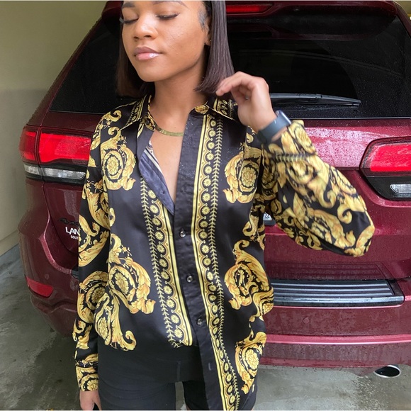 GOLD & BLACK SILK BUTTON UP - Picture 3 of 3